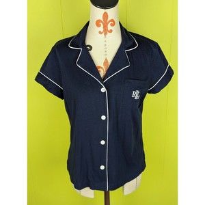 VTG Lauren Ralph Lauren Women's M Embroidered Logo Button Pajama Shirt Top Blue